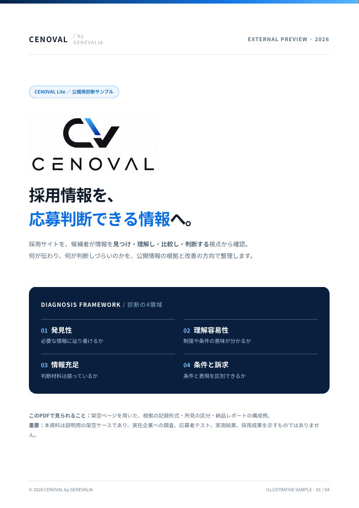 公開用診断サンプルの表紙。診断の4領域と架空ケースである旨を説明。